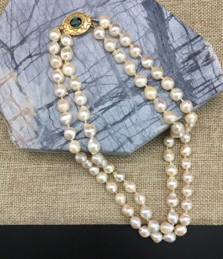 Vintage 14k Gold Double Strand Fresh Water Pearl Necklace W/green Tourmaline