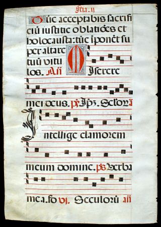 Large Illuminated Manuscript Leaf C.  1520 Choir Psalter,  Music & Gregorian Chant