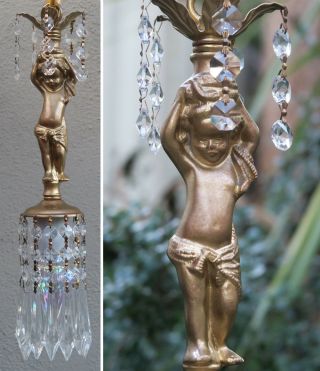 Swag Baby Room Cherub Vintage Chandelier Crystal Prisms Spelter Brass Tole Lamp