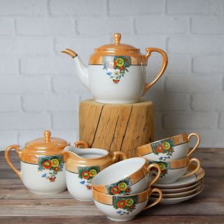 Vintage Noritake Lusterware Orange Band Floral Tea Pot Creamer Sugar Set For 4