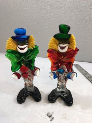 Two Vintage Murano Art Glass 8.  5 " Colorful Hand Blown Glass Clown Figurines 9 "