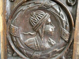 16th Century Oak Carved Portrait Romayne Panel,  Mythical Dragons Drinking