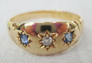 Antique Edwardian 18ct Gold Old Cut Diamond Cornflower Gypsy Sapphire Ring 1864