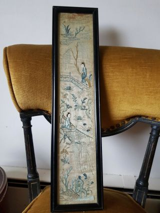 Antique 18thc Chinese Embroiderd Panel Ebonised Frame