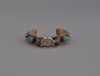 Vintage Navajo Indian Watch Bracelet - 4 Turquoise Stones Silver Leaves - 6 3/8 "