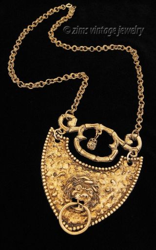 Vintage Old Large Gold Medieval Lion Door Knocker Shield Bamboo Pendant Necklace