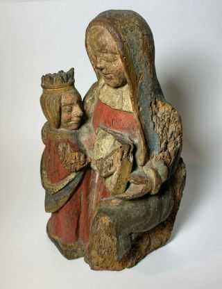 Antique Spanish Colonial Santos Wood Carved Virgin Mary Statue Jesus Polychrome