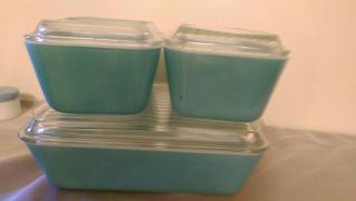 Pyrex Refrigerator Dish Turquoise Blue Vintage Set 4 & Lids 501 502 503