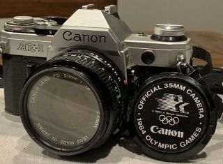 Vintage 1984 Olympic Games Canon Ae - 1 35mm Slr Film Camera W/ Canon Fd 50mm F1.  8
