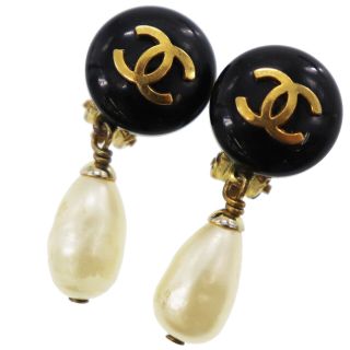 Chanel Cc Pearl Earrings Clip - On Gold Black 94 A France Vintage Authentic Cc226
