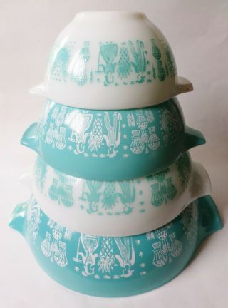 Vintage Pyrex Cinderella Nesting Mixing Bowls Set 4 Amish Butterprint Turquoise
