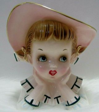 Vtg 1960 Napco Rare Head Vase C4556a Little Girl In Pigtails Wide Brim Hat Exc