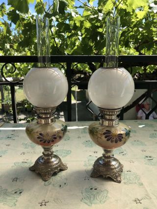Antique Hand Painted French Glass Oil Lamps