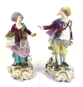 Pair Antique French Edme Samson Of Paris Porcelain Figures Gallent & Lady 10 "