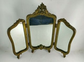 Antique Brass Tri - Fold Vanity Table Top Mirror - Luis Xv With Cherubs Design