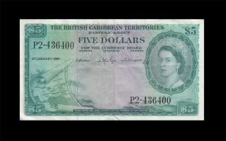 2.  1.  1961 British Caribbean Territories Qeii $5 Rare ( (ef))
