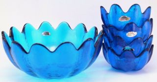 Vintage Blue Blenko Art Glass Petal 5 Pc Bowl Set 6143 Labels Intact