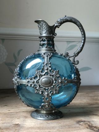 19thc Rococo Italian Pewter Blue Glass Wine Carafe Jug Ewer Angel Serpent Pugin