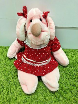 Rare Pink Vintage Wrinkles Dog Puppet Ganz Plush Girl Red Hearts Dress And Bows