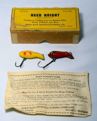Vintage Keen Knight Fishing Wood Lures & Box Type Kc - 6 Bait Detroit