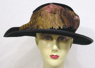 Vintage Ladies Hat 1910s Black Velvet Colorful Feathers Asymmetrical