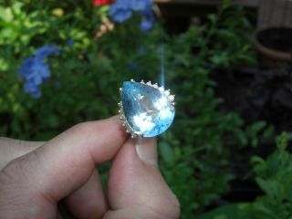 Vintage 23.  48ct Natural Brazil Blue Topaz Diamond 14k Gold Ring Pear Cut Estate