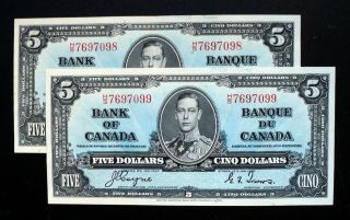 1937 Bank Of Canada 5$ Dollars Consecutive Pair Rare H/s Prefix Bc - 23c (aunc)