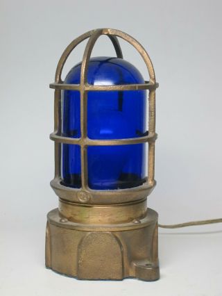 Salvaged Marine Ship Boat Brass Passageway Light Lamp Cobalt Blue Glass Nautical