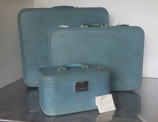 Vintage Skyway Luggage Set Of 3 Suitcase Aqua Green W/ Keys Usa