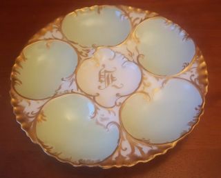 Antique Very Rare Haviland Limoge Oyster Plate C.  1888 - 1896 Green And Gold
