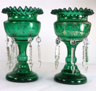M036 Pair Antique Victorian Green Glass Lustres With Prismatic Crystal Drops