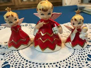 Vtg 1956 Lefton Christmas Angel Bell Trio Set Ornament Figurine Hh80112