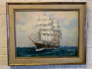 Vintage Possibly Antique Framed Marine Painting Of Ship Signed Nancy K.  Ball