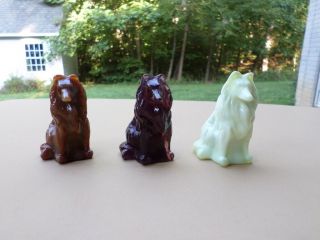 3 Vintage Mosser Glass Collie Dog Figurines - 1 Purple,  1 Carmel,  1 Green Custard