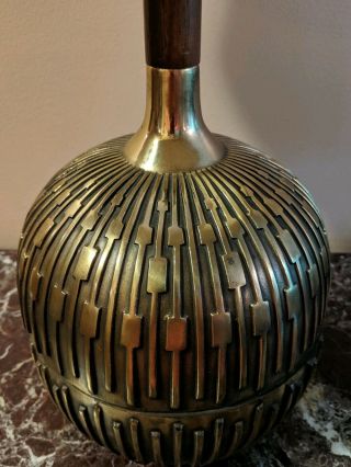 Vintage Mid Century Modern Round Embossed Brass Lamp With Wood