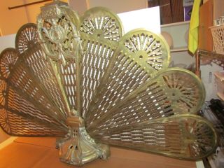 Vintage Ornate Brass Folding Fan Fireplace Screen Victorian Cameo 4