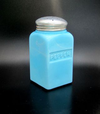 Rare Mckee Chalaine Blue Depression Glass Square Pepper Shaker Embossed Letters