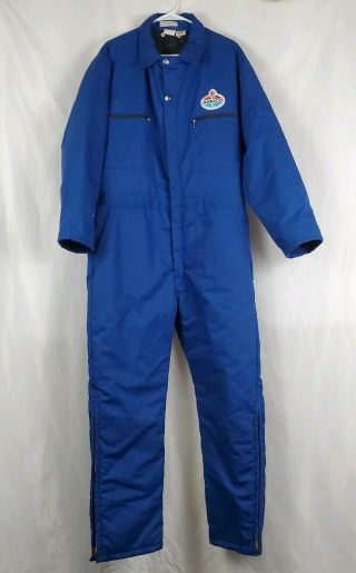 Vtg AMOCO Insulated Coveralls Men ' s L Blue Quilted Lining Zip Snap Front Garage 2