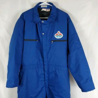 Vtg AMOCO Insulated Coveralls Men ' s L Blue Quilted Lining Zip Snap Front Garage 4