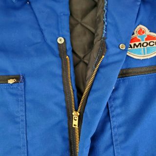 Vtg AMOCO Insulated Coveralls Men ' s L Blue Quilted Lining Zip Snap Front Garage 6
