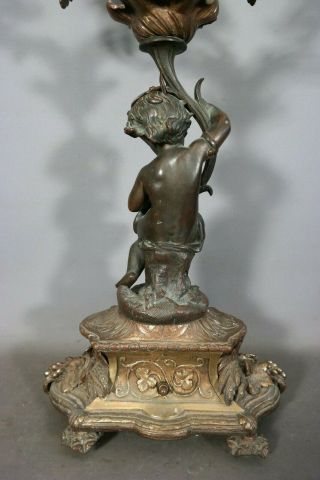 Ca.  1910 Antique ART NOUVEAU Era BRONZE PUTTI STATUE Figural CANDELABRA Old LAMP 10