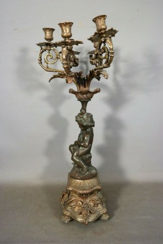Ca.  1910 Antique ART NOUVEAU Era BRONZE PUTTI STATUE Figural CANDELABRA Old LAMP 11