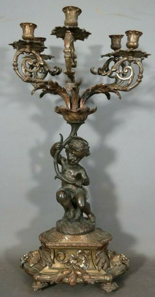 Ca.  1910 Antique Art Nouveau Era Bronze Putti Statue Figural Candelabra Old Lamp