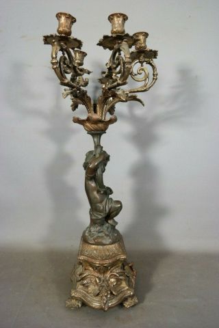 Ca.  1910 Antique ART NOUVEAU Era BRONZE PUTTI STATUE Figural CANDELABRA Old LAMP 6