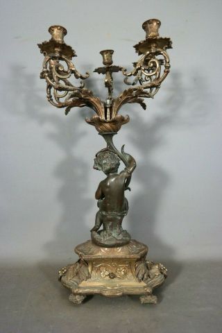 Ca.  1910 Antique ART NOUVEAU Era BRONZE PUTTI STATUE Figural CANDELABRA Old LAMP 8