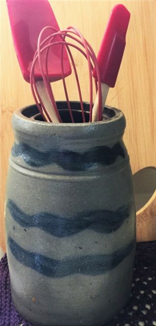 Antique Primitive Salt Glazed Stoneware Canning Jar/crock W/ Cobalt Blue Stripes