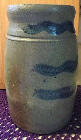 Antique Primitive Salt Glazed Stoneware Canning Jar/Crock w/ Cobalt Blue Stripes 2