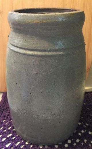 Antique Primitive Salt Glazed Stoneware Canning Jar/Crock w/ Cobalt Blue Stripes 3