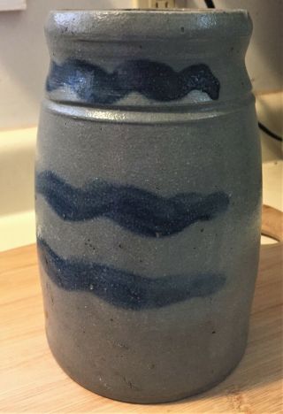 Antique Primitive Salt Glazed Stoneware Canning Jar/Crock w/ Cobalt Blue Stripes 5