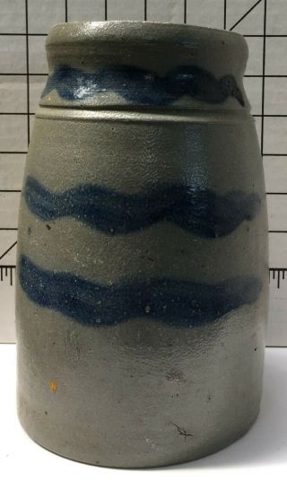 Antique Primitive Salt Glazed Stoneware Canning Jar/Crock w/ Cobalt Blue Stripes 7